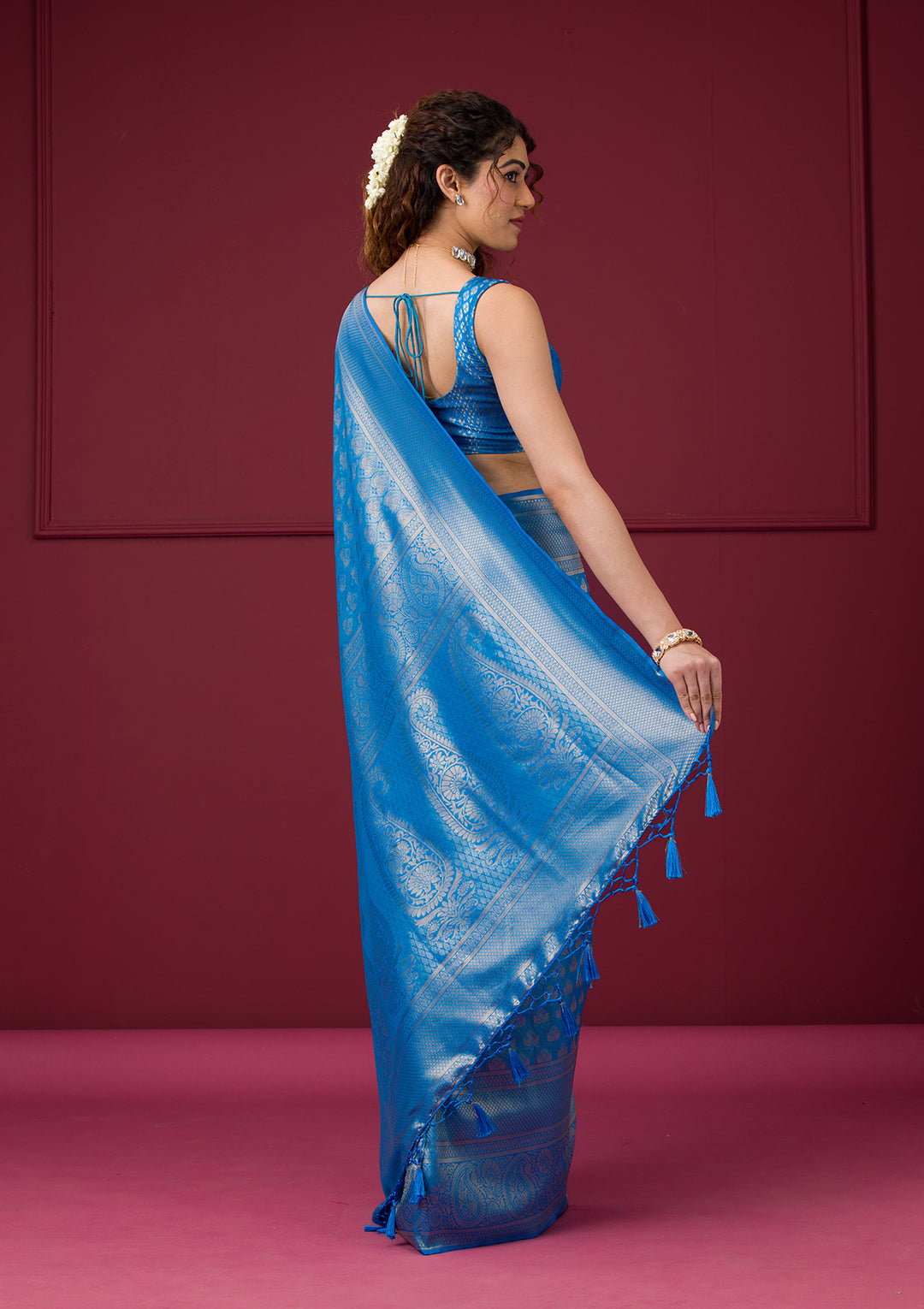 Turquoise Blue Zariwork Art Silk Saree - Image 7